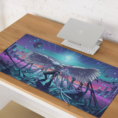 A vibrant rectangular neon wings vaporwave mouse pad with a cyberpunk angel in purple pink and cyan neon grids