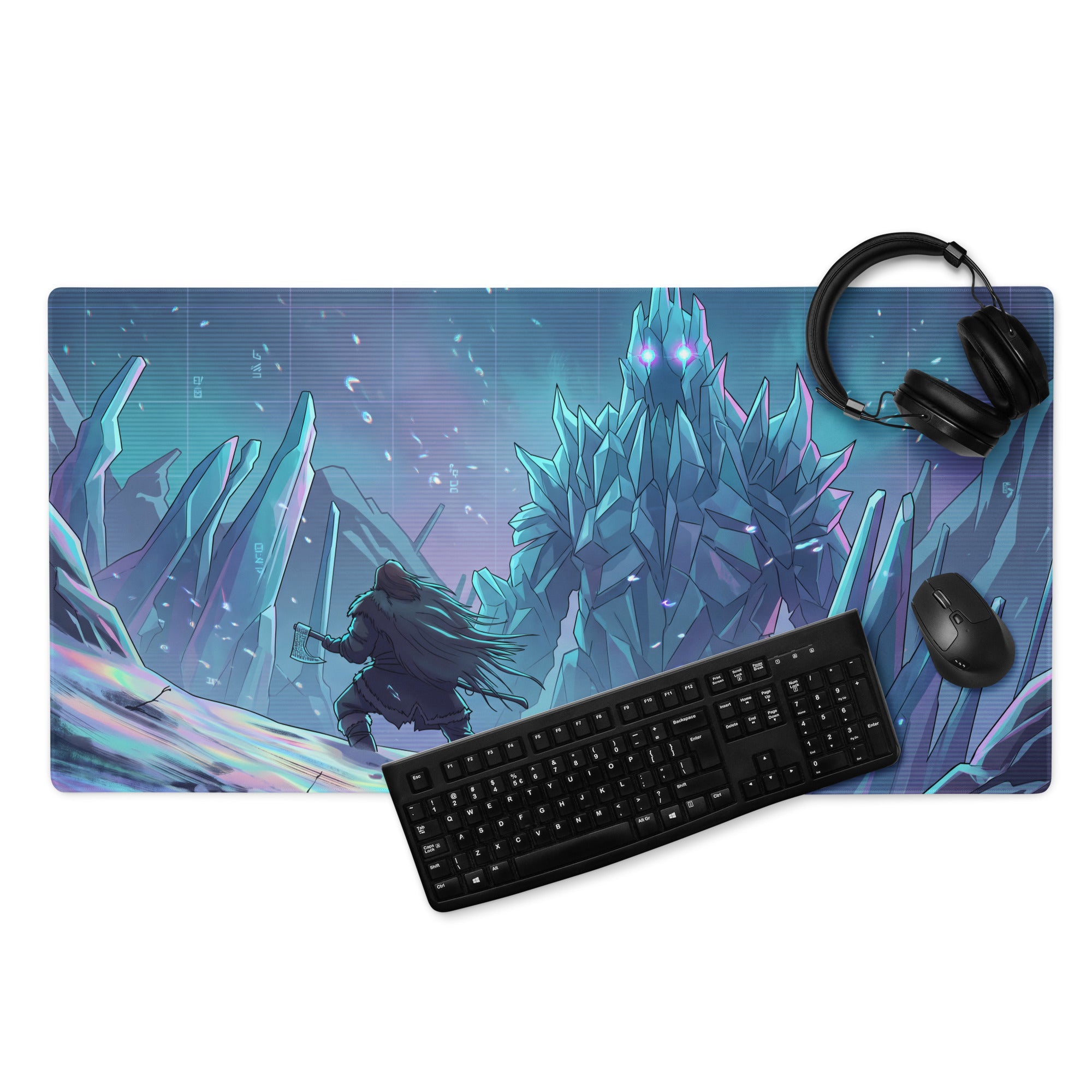A rectangular gaming mousepad featuring a vibrant blue cyan and purple anime warrior facing icy crystalline monsters