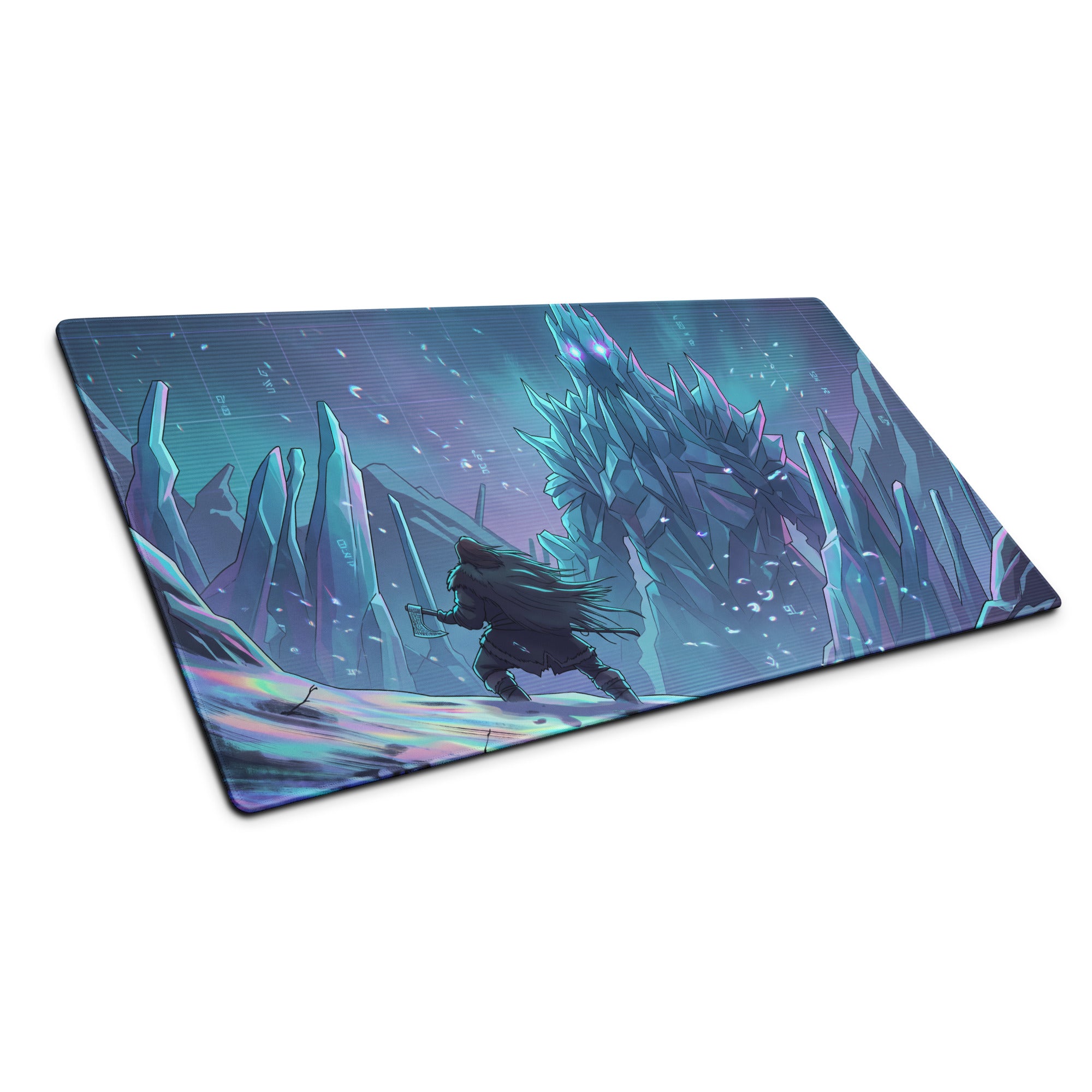 A rectangular gaming mat with a vibrant icy fantasy scene in blue cyan and purple neon for desktop use