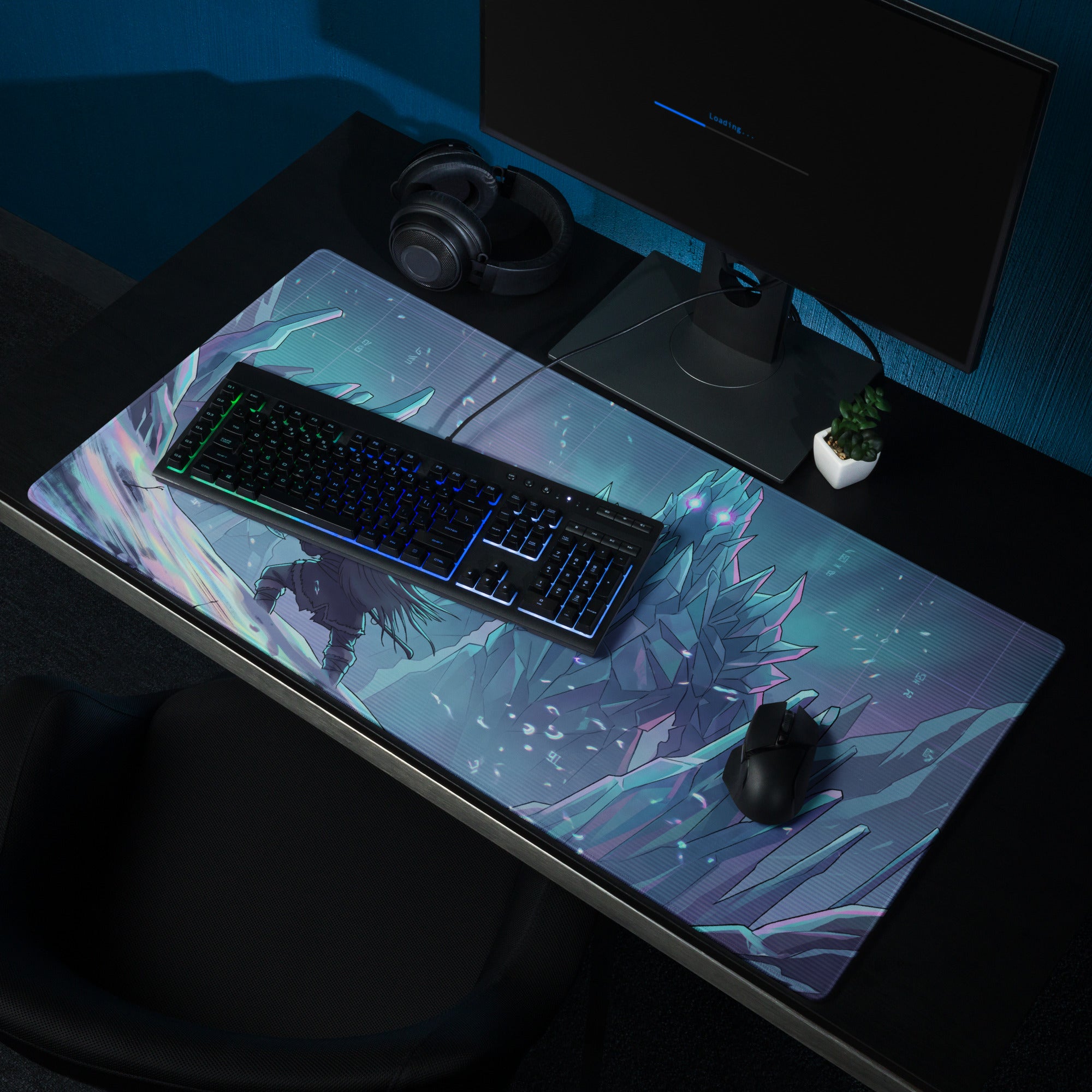 Vaporwave ice fortress blue cyan purple gaming mousepad with anime character in icy terrain for desktop use