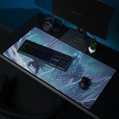 Vaporwave ice fortress blue cyan purple gaming mousepad with anime character in icy terrain for desktop use