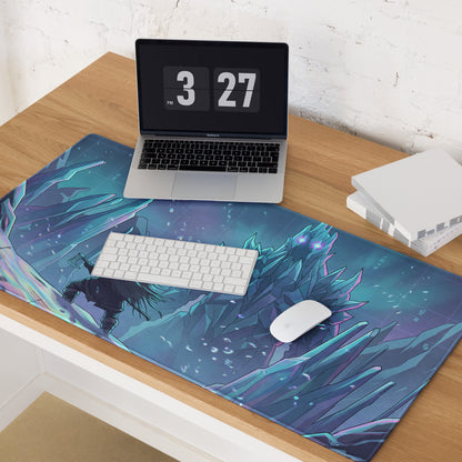 Vaporwave ice fortress pad blue and teal gaming mousepad with a character in glowing crystalline structures design
