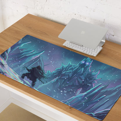 A rectangular vaporwave ice fortress gaming mousepad with glowing blue and purple crystals and an armored figure