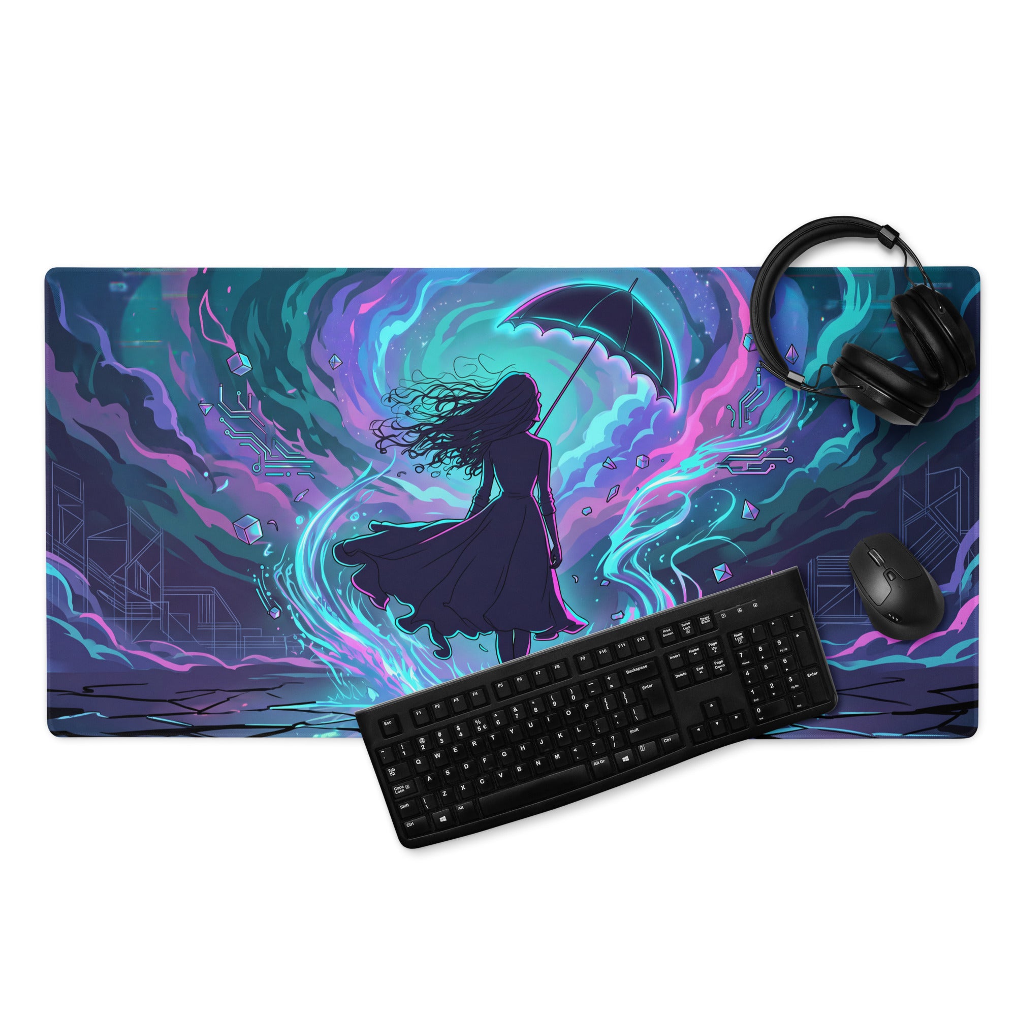 Vaporwave neon night mouse pad with vibrant purple and teal cosmic art silhouette of woman holding umbrella on smooth surface