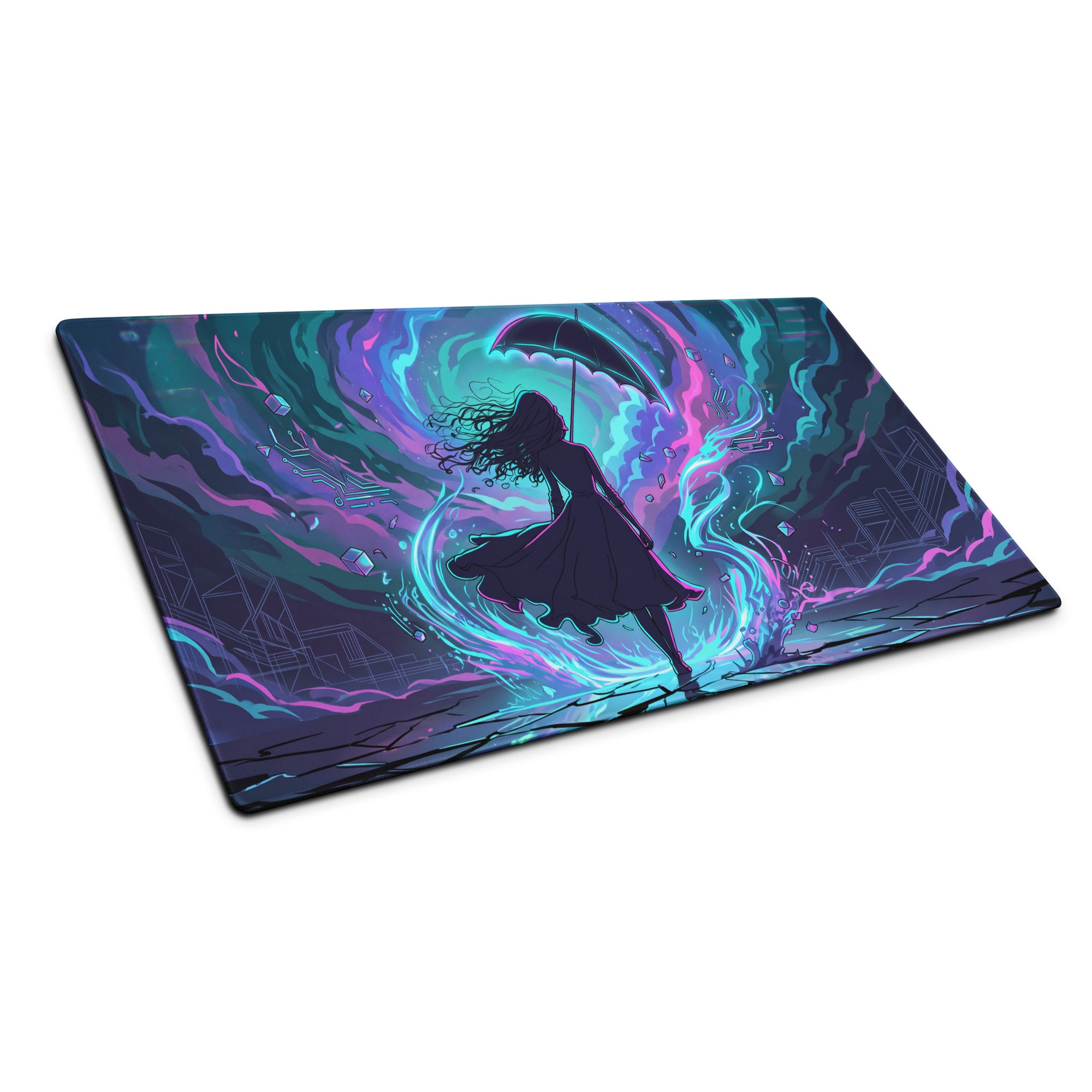 Vaporwave neon night mouse pad featuring a neon blue and purple swirling vortex with a woman silhouette holding an umbrella