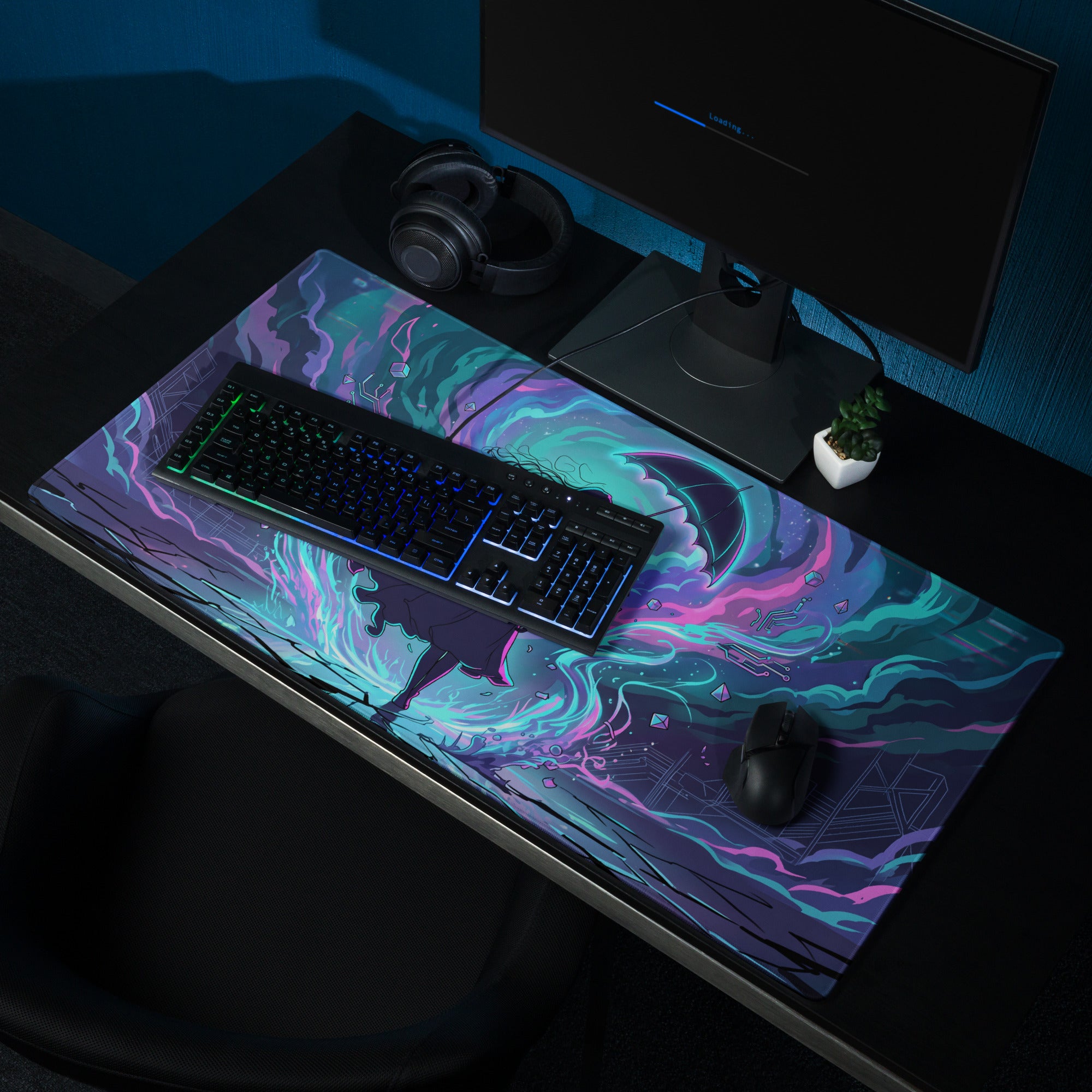 Vibrant vaporwave neon night gaming mouse pad with swirling teal purple and pink nebula patterns on dark base