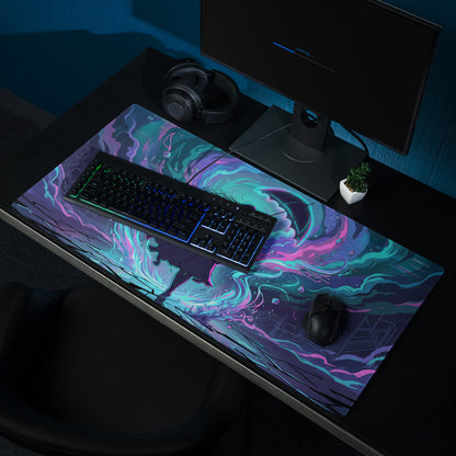 Vibrant vaporwave neon night gaming mouse pad with swirling teal purple and pink nebula patterns on dark base