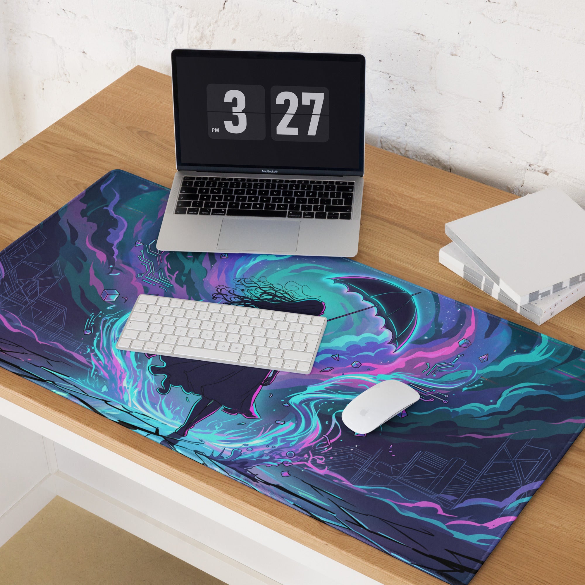 Vaporwave neon night gaming mouse pad with vibrant teal purple pink cosmic nebula pattern for cyberpunk desk use