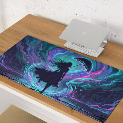 Vibrant rectangular vaporwave neon night mouse pad with dynamic digital silhouette and swirling blue purple teal patterns