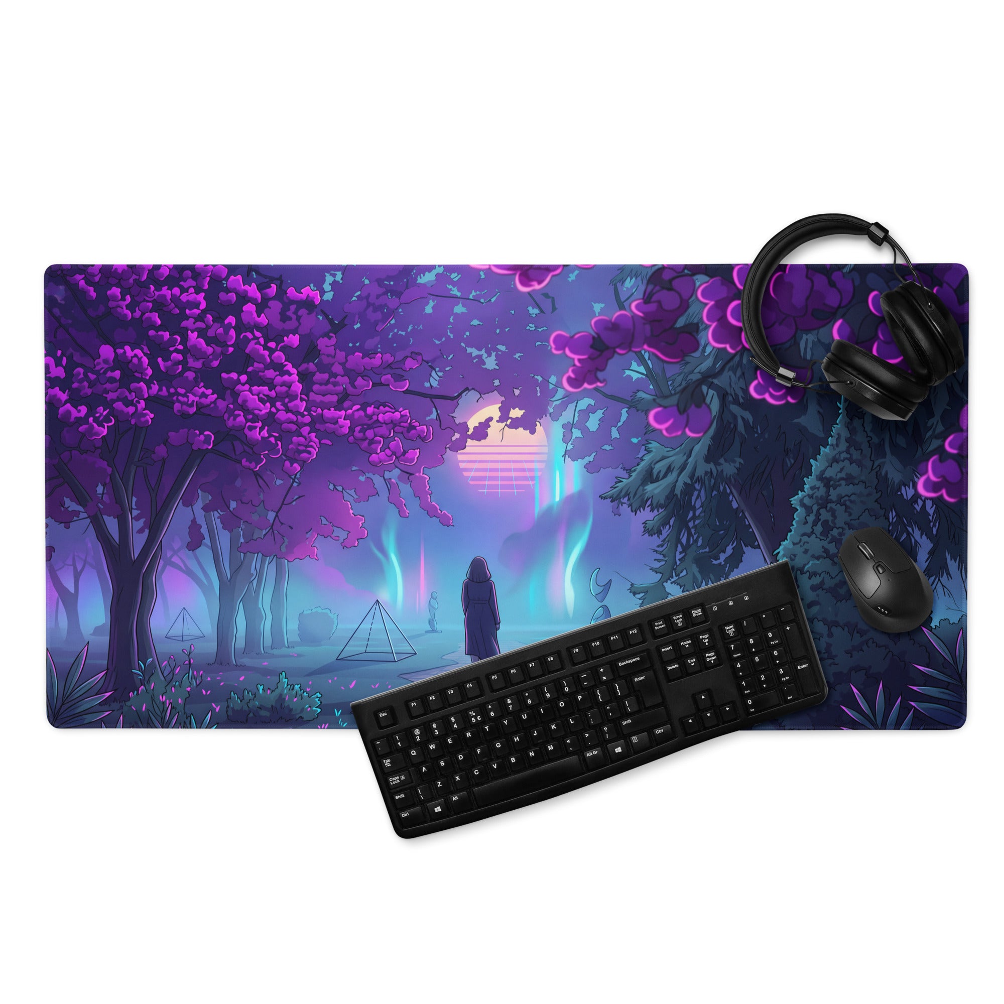Vaporwave neon garden gaming mouse pad in purple and teal featuring a silhouette under blossoming trees design