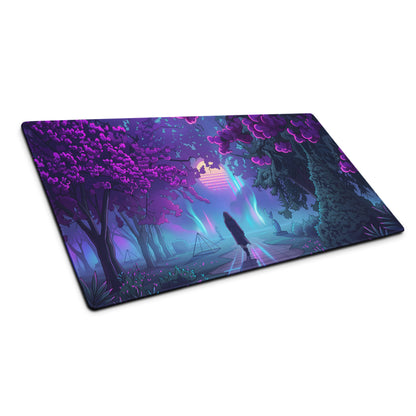 Vaporwave neon garden gaming mouse pad with purple and blue neon forest design and glowing trees under an ethereal sky