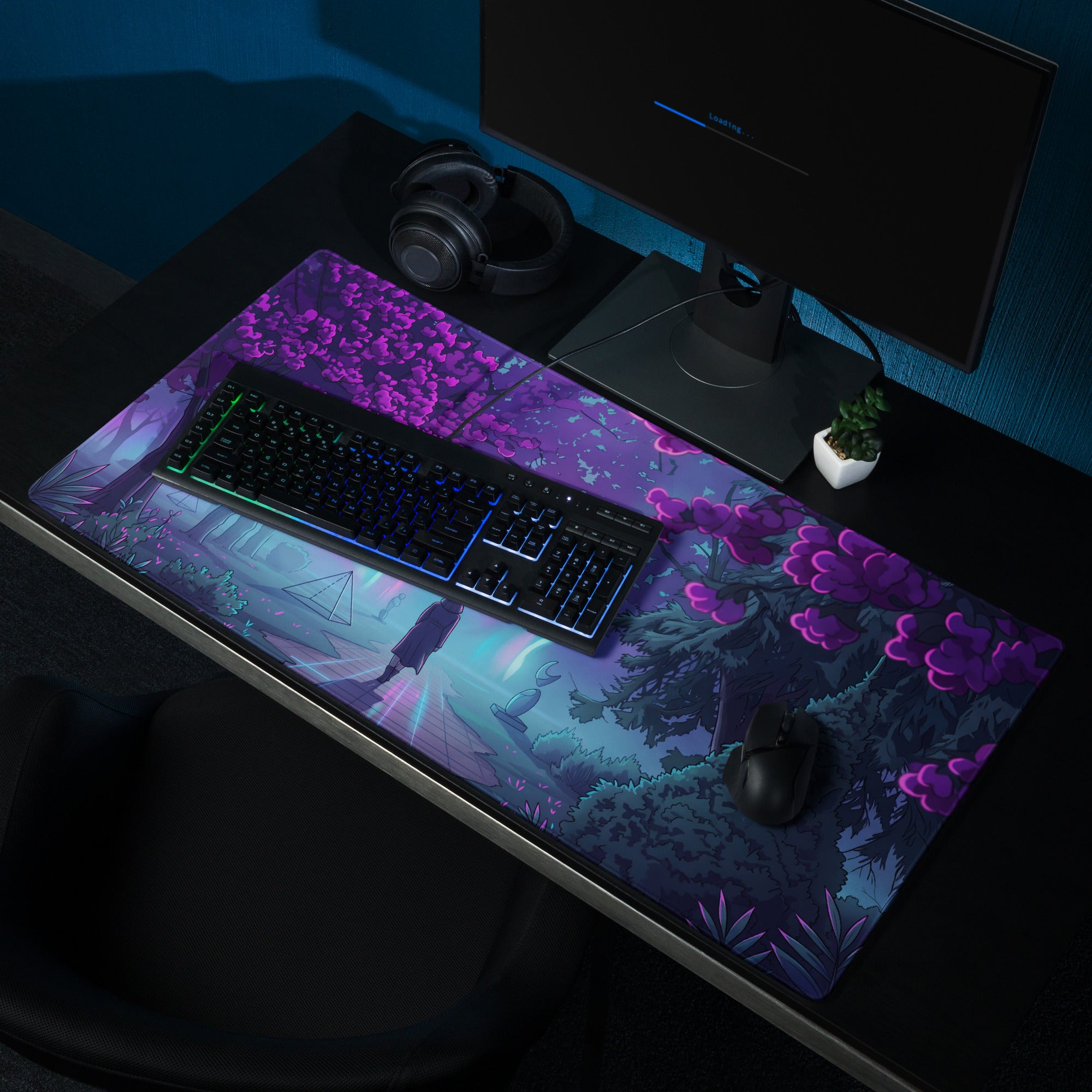 Purple and blue fantasy-themed vaporwave neon garden gaming mousepad with glowing floral design for desk use