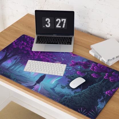 Purple and blue vaporwave neon garden gaming mouse pad with glowing floral patterns for desk use