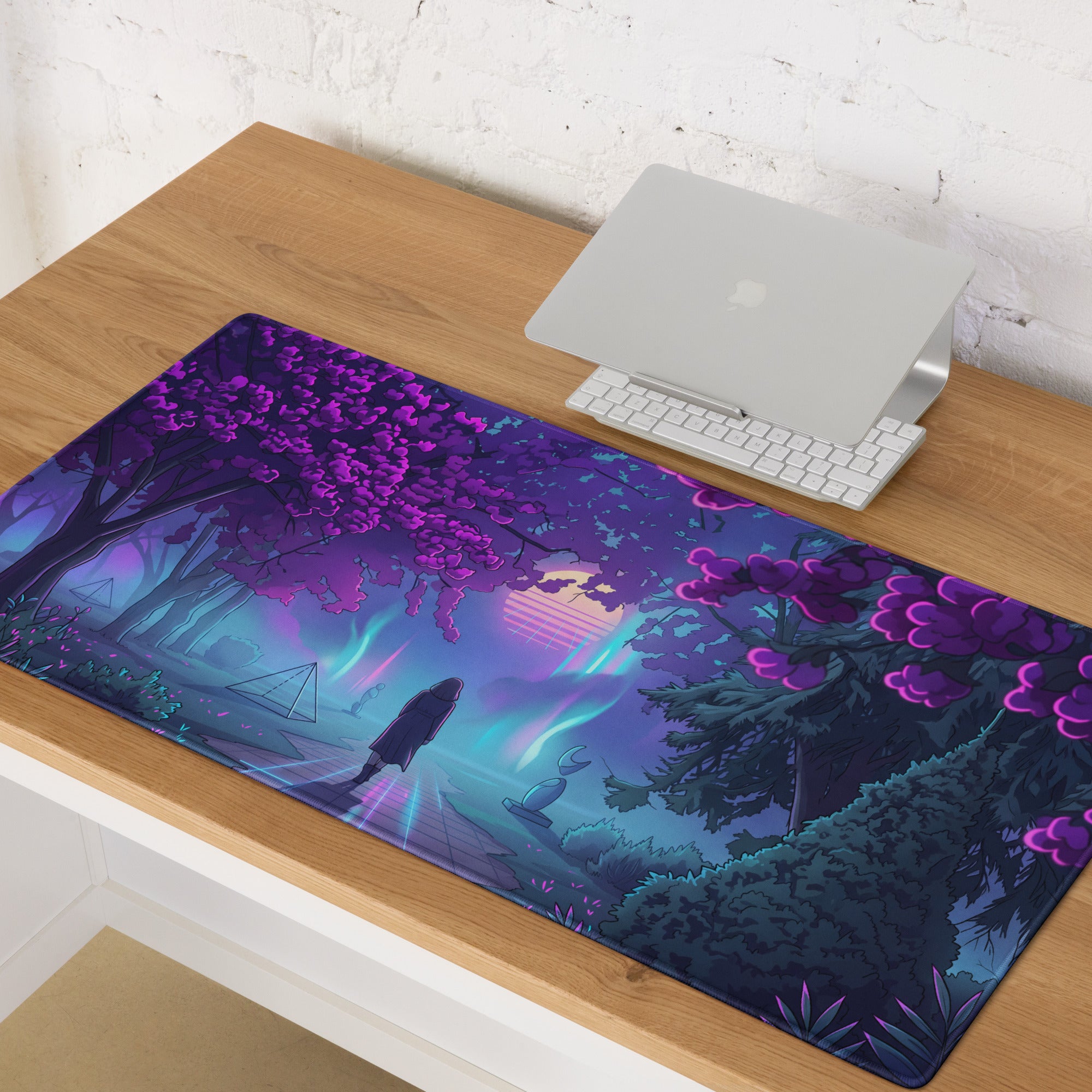 Purple and teal vaporwave neon garden gaming mouse pad featuring surreal forest with glowing neon lights design