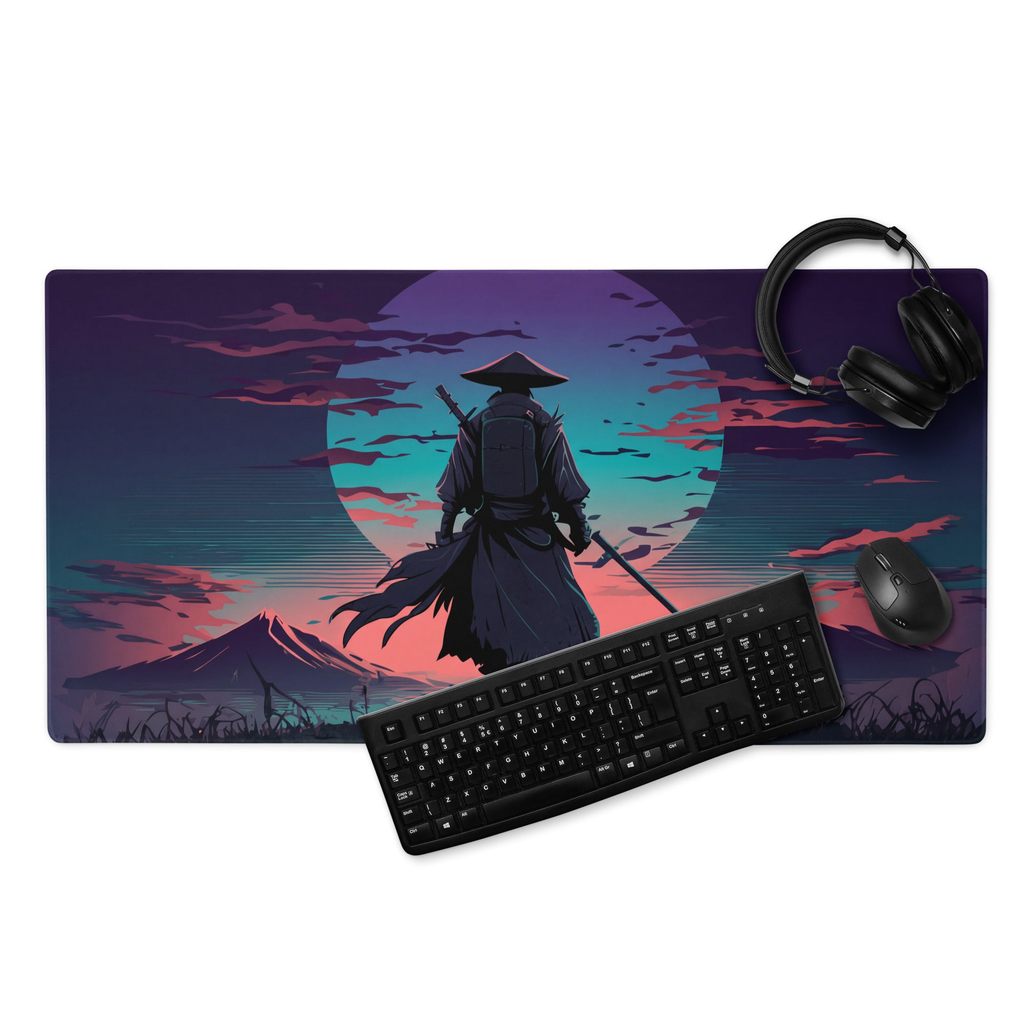 Neon samurai vaporwave gaming mousepad with a vibrant purple pink teal sunset and silhouetted samurai warrior design