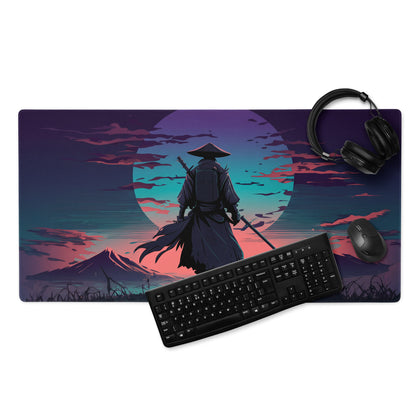 Neon samurai vaporwave gaming mousepad with a vibrant purple pink teal sunset and silhouetted samurai warrior design