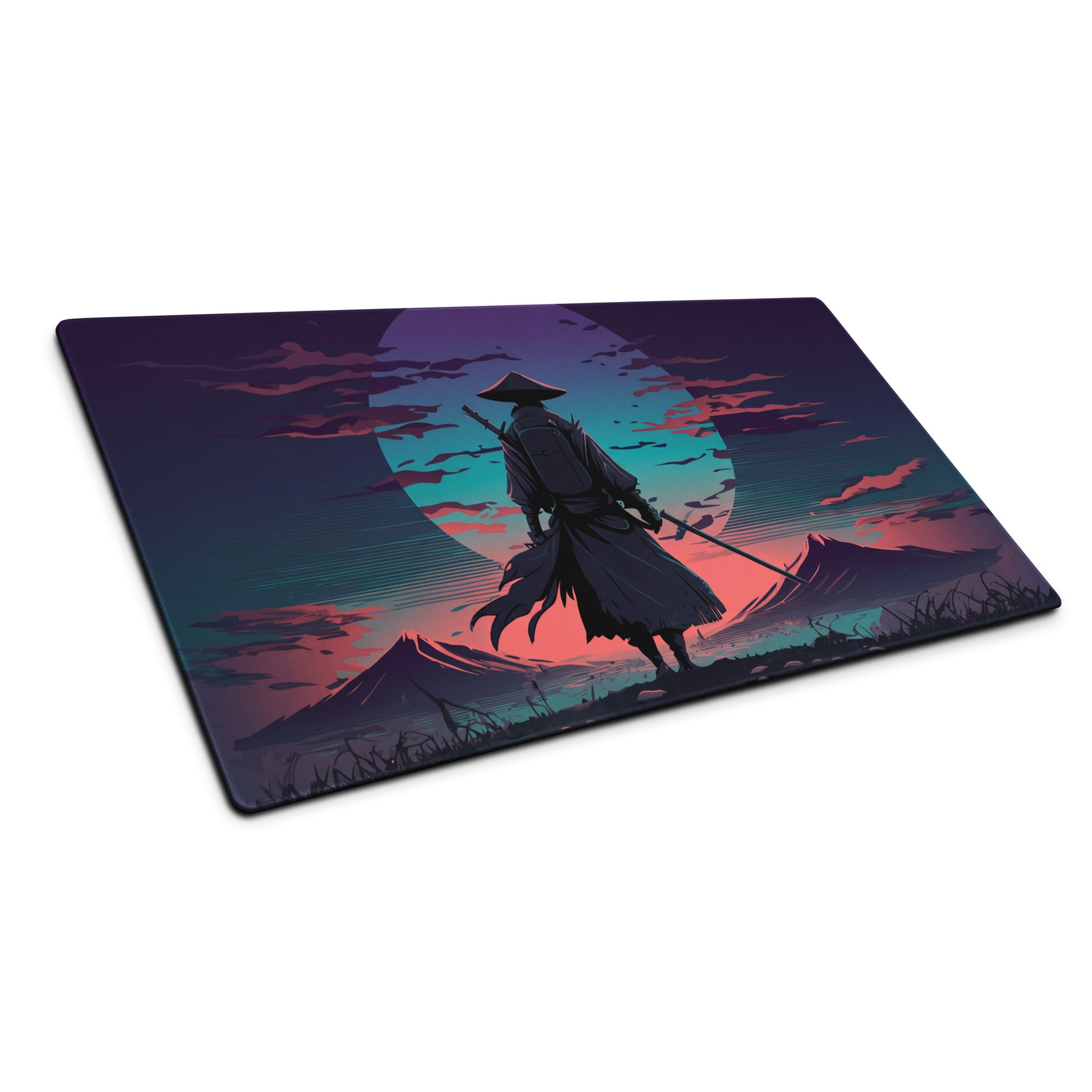 Rectangular gaming mousepad with a stylized samurai silhouette against a vibrant purple pink teal vaporwave sunset