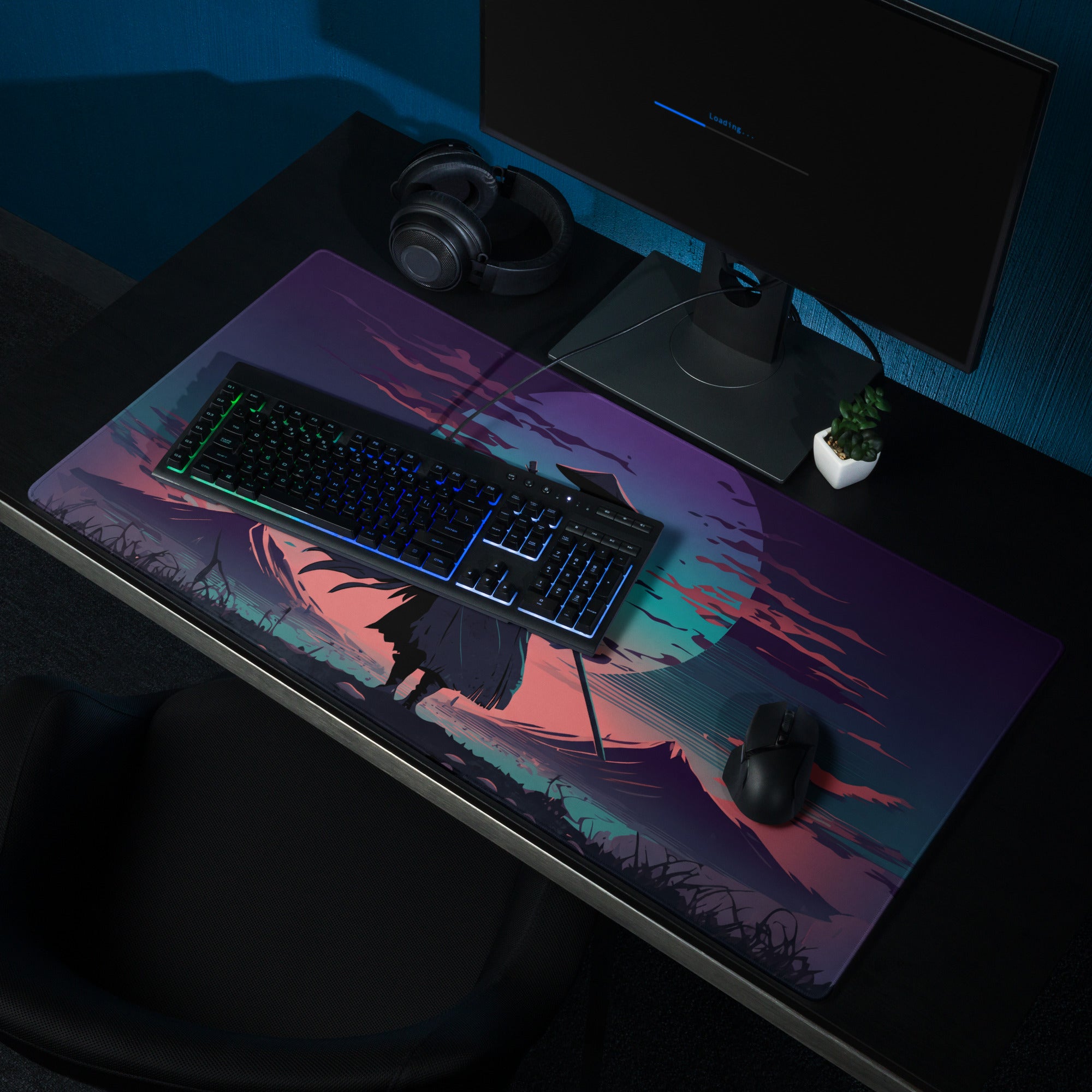 A vibrant neon samurai vaporwave gaming mousepad with a purple and pink silhouette against a sunset sky