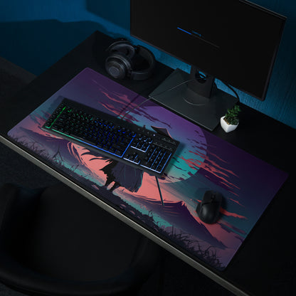 A vibrant neon samurai vaporwave gaming mousepad with a purple and pink silhouette against a sunset sky