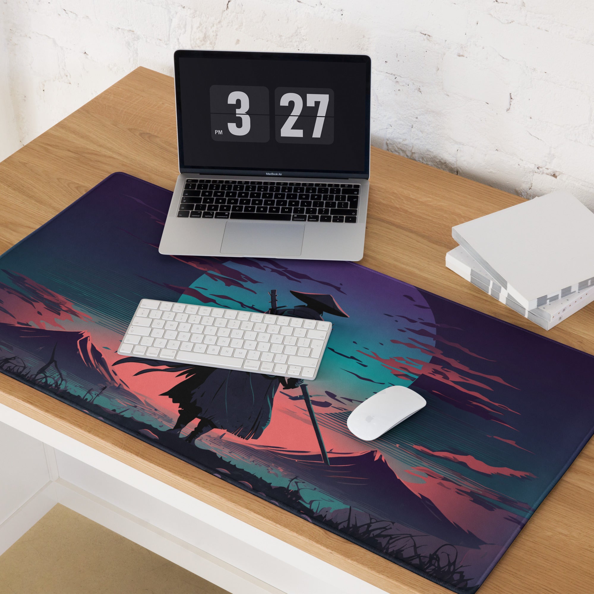 Vibrant neon samurai vaporwave gaming mousepad with dark blue purple pink gradient and samurai silhouette design