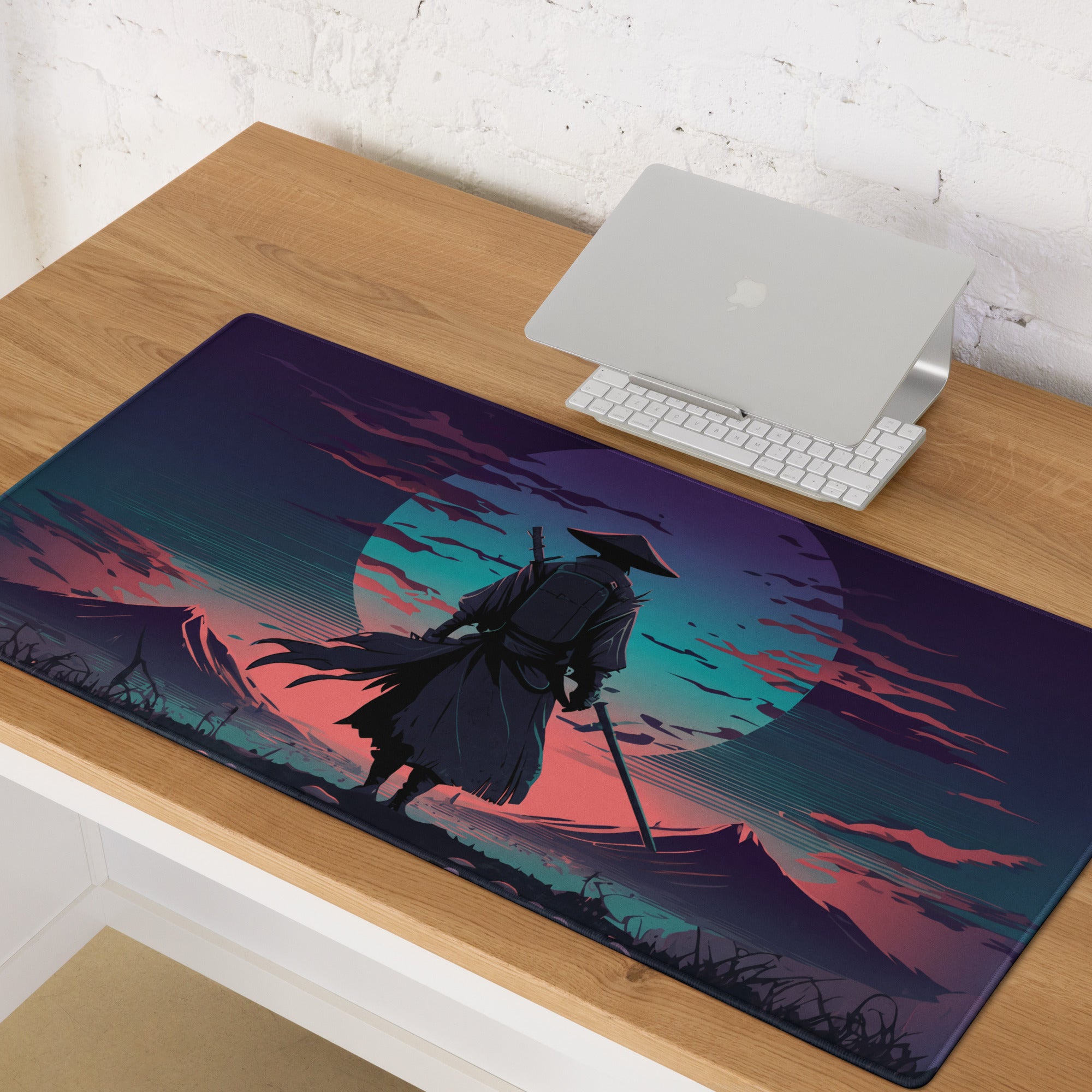 Neon samurai vaporwave gaming mousepad with vibrant purple pink hues and a samurai silhouette against a sunset sky