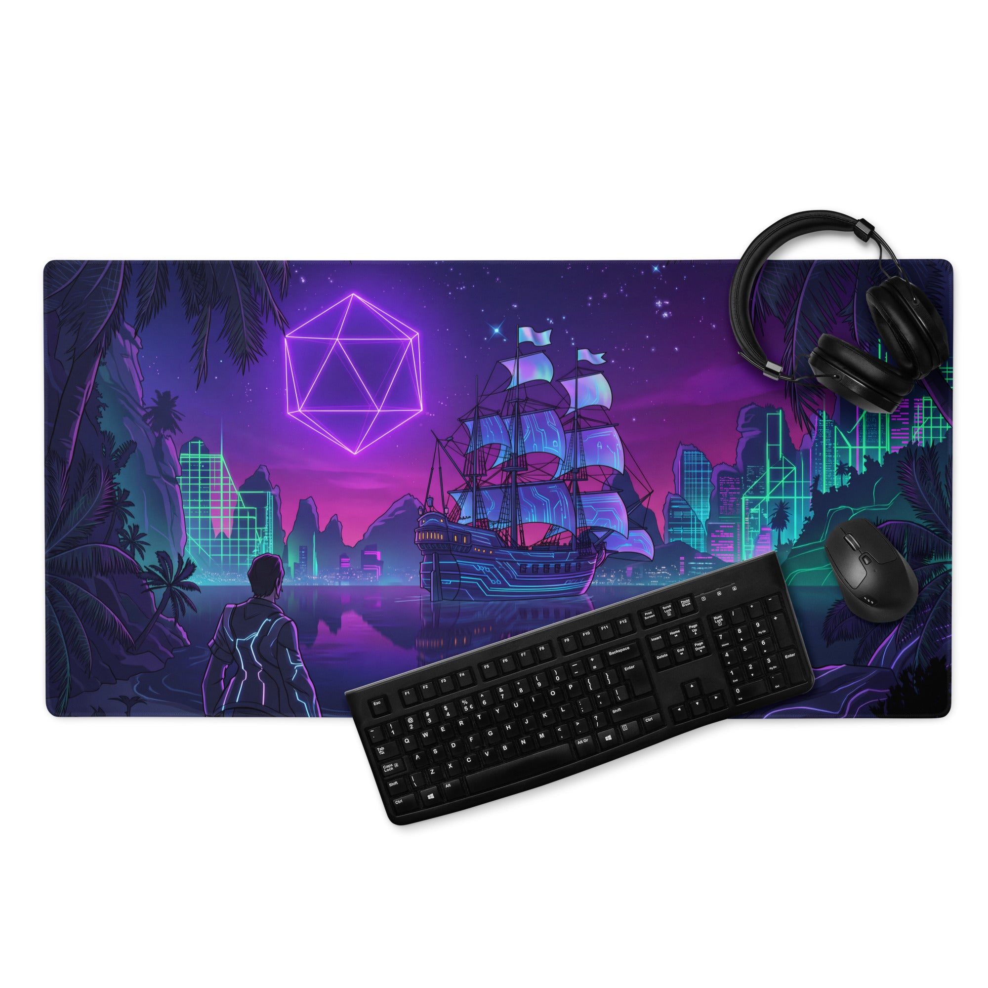 Vaporwave neon ship pad gaming mouse pad with neon purple and teal cyberpunk design featuring a glowing dodecahedron and futuristic ship