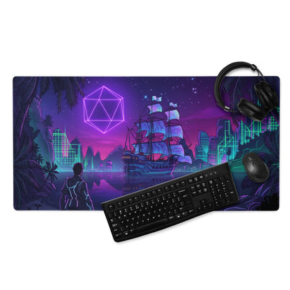 Vaporwave neon ship pad gaming mouse pad with neon purple and teal cyberpunk design featuring a glowing dodecahedron and futuristic ship