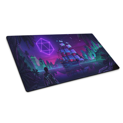 Vaporwave neon ship pad gaming mouse pad with nebula-themed neon purple and teal cyberpunk cityscape design