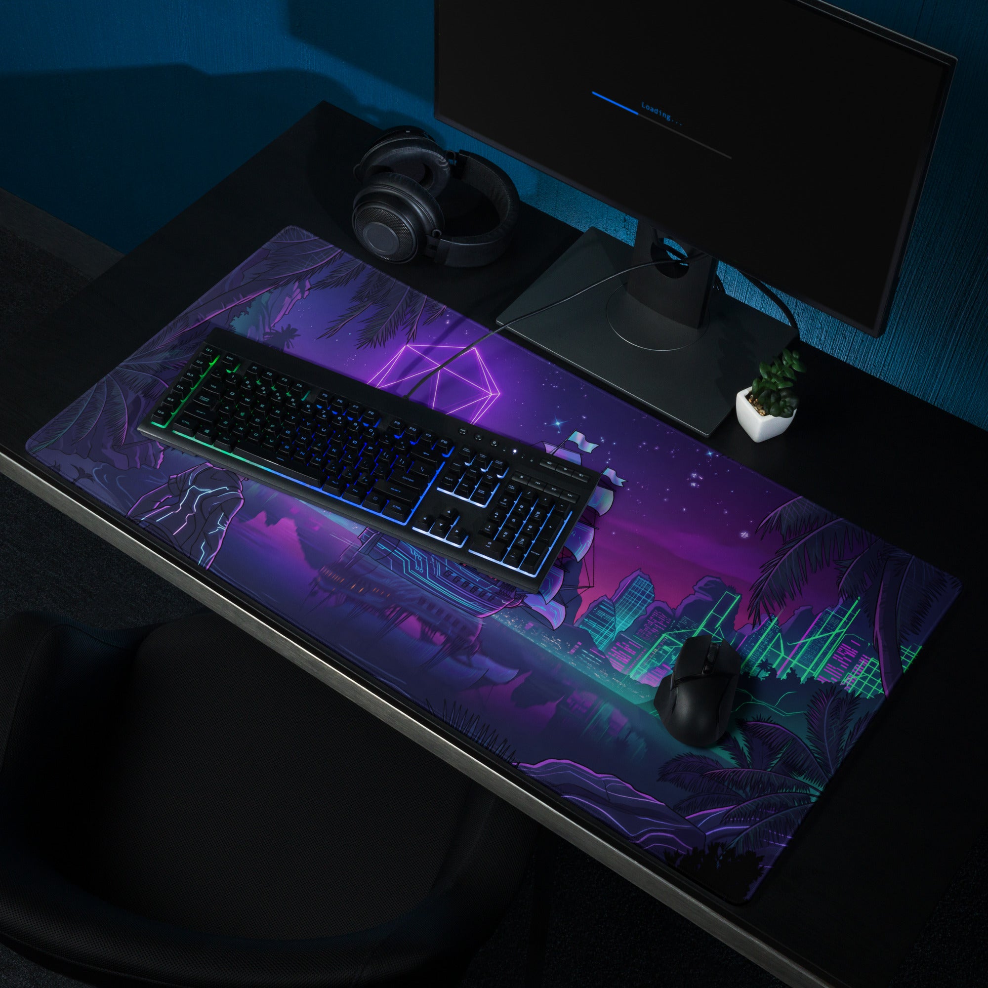 Vaporwave neon ship pad gaming mouse pad with non slip surface and purple teal neon cityscape with palm trees design