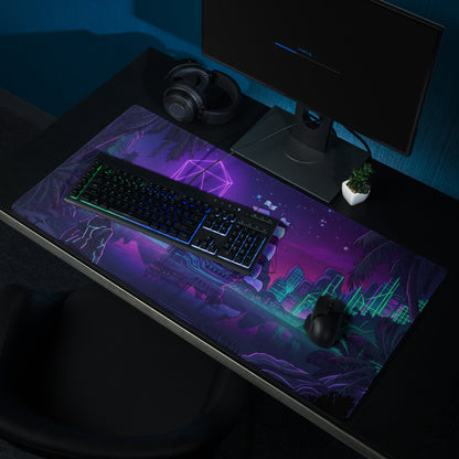 Vaporwave neon ship pad gaming mouse pad with non slip surface and purple teal neon cityscape with palm trees design