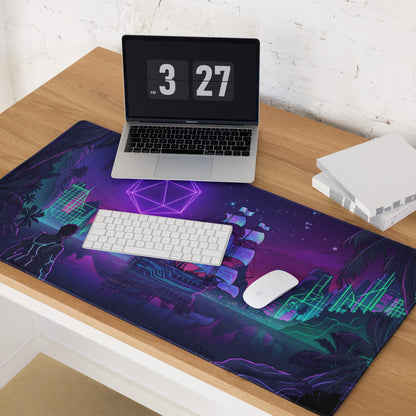 Narrow rectangular vaporwave neon ship pad gaming mousepad with purple and teal cyberpunk cityscape design