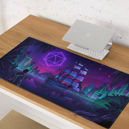 Vaporwave neon ship pad gaming mouse pad with neon purple teal colors featuring glowing geometric ship and cityscape design