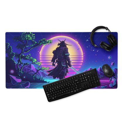 Vaporwave neon warrior gaming mouse pad with vibrant purple blue retro-futuristic design and samurai silhouette