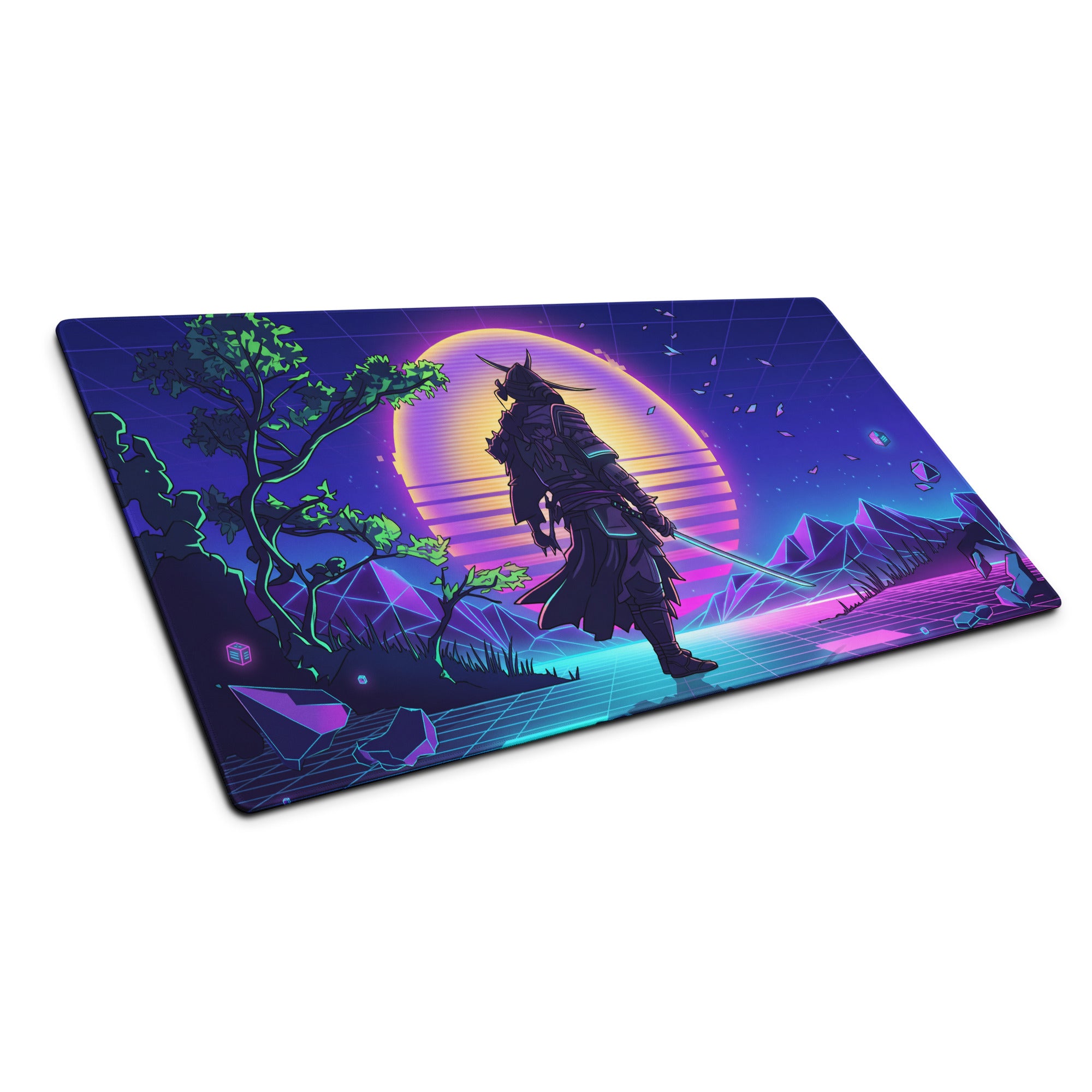 Vaporwave neon warrior mouse pad with vibrant purple and blue cyberpunk samurai design for gaming and digital art use