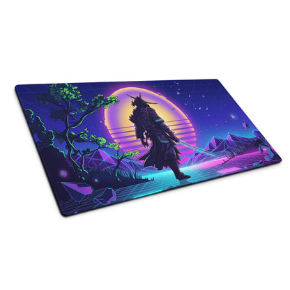 Vaporwave neon warrior mouse pad with vibrant purple and blue cyberpunk samurai design for gaming and digital art use