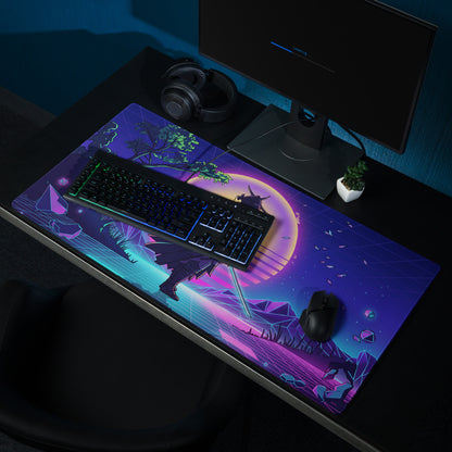 Vibrant purple and teal neon-themed gaming mousepad with a stylized anime warrior under a glowing moon for gamers