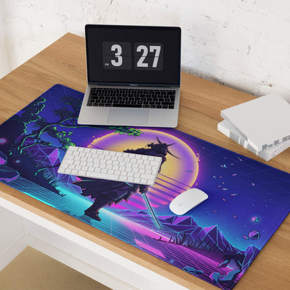 Vibrant purple and neon pink vaporwave neon warrior gaming mouse pad with stylized samurai and glowing sunset design