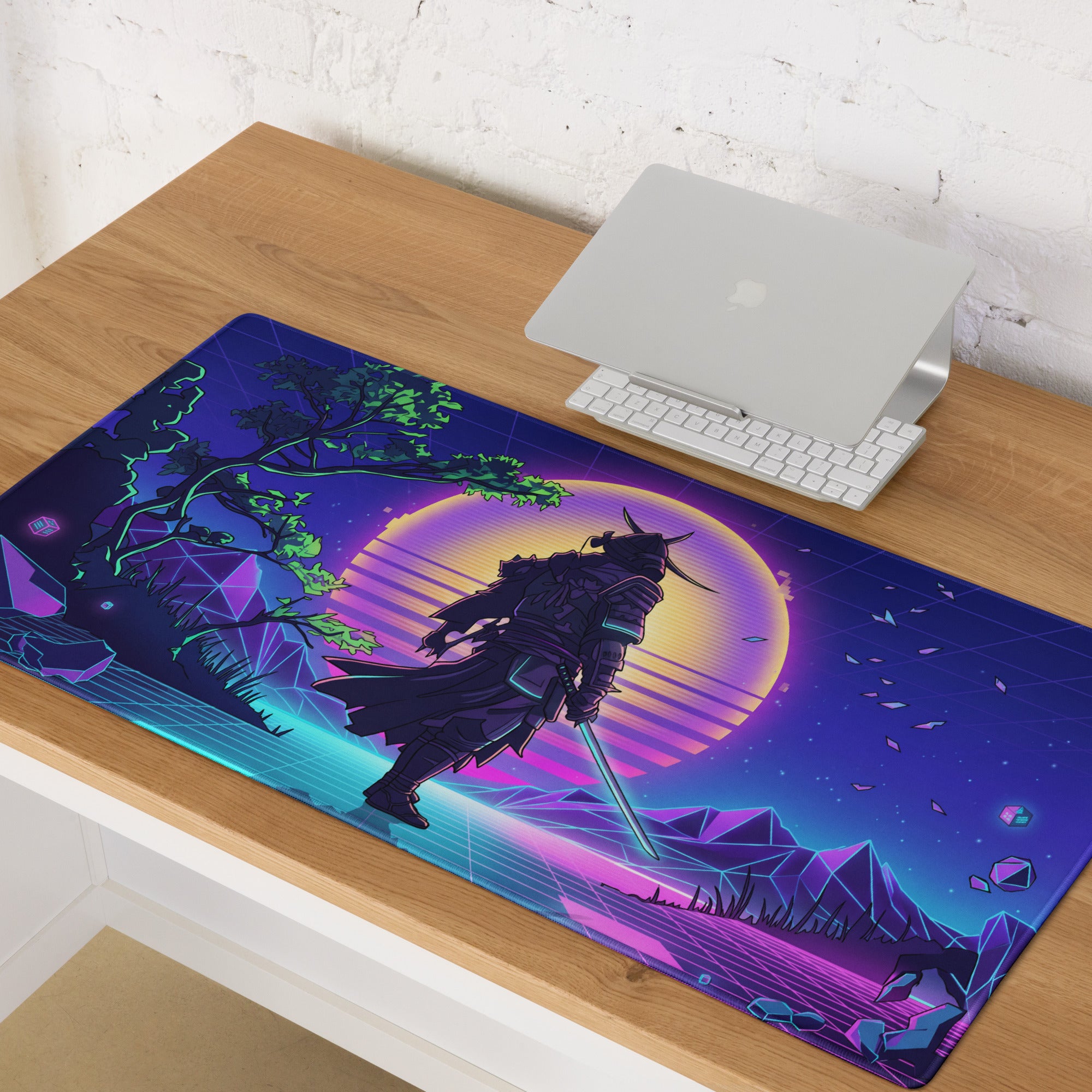 Vaporwave neon warrior mouse pad with vibrant purple and pink cyberpunk samurai design for gaming gear and decor