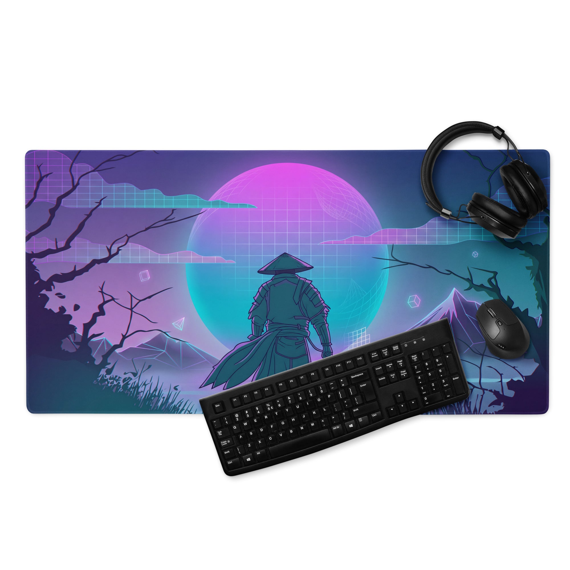 Neon vaporwave cityscape gaming mouse pad with a smooth surface featuring a stylized samurai in purple and teal hues