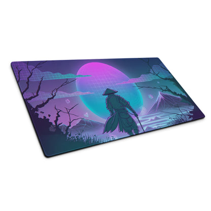 Neon vaporwave cityscape gaming mouse pad with nebula theme samurai under pink teal moon and digital grid patterns