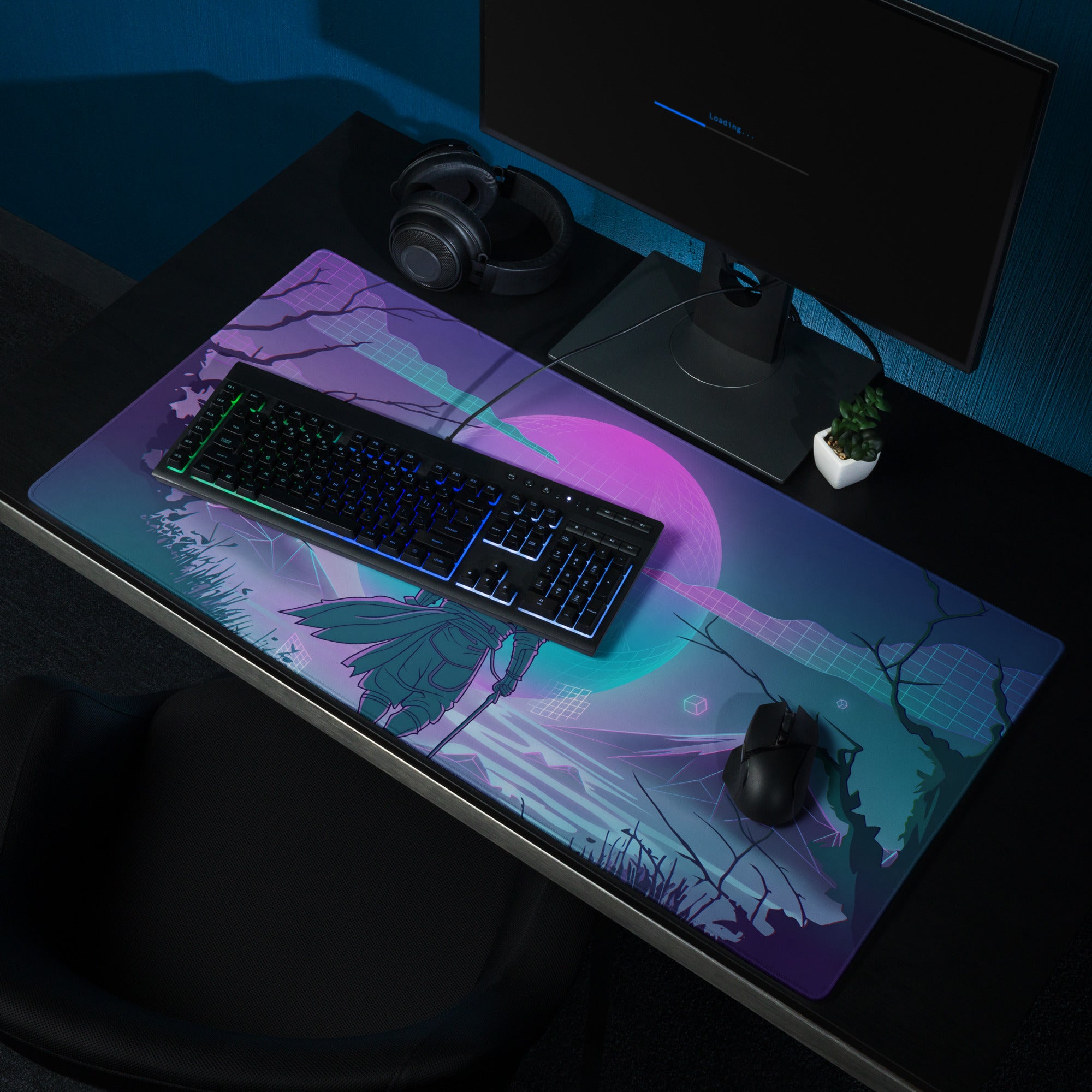Neon vaporwave cityscape gaming mousepad with purple and teal colors and glowing pink moon design for desks