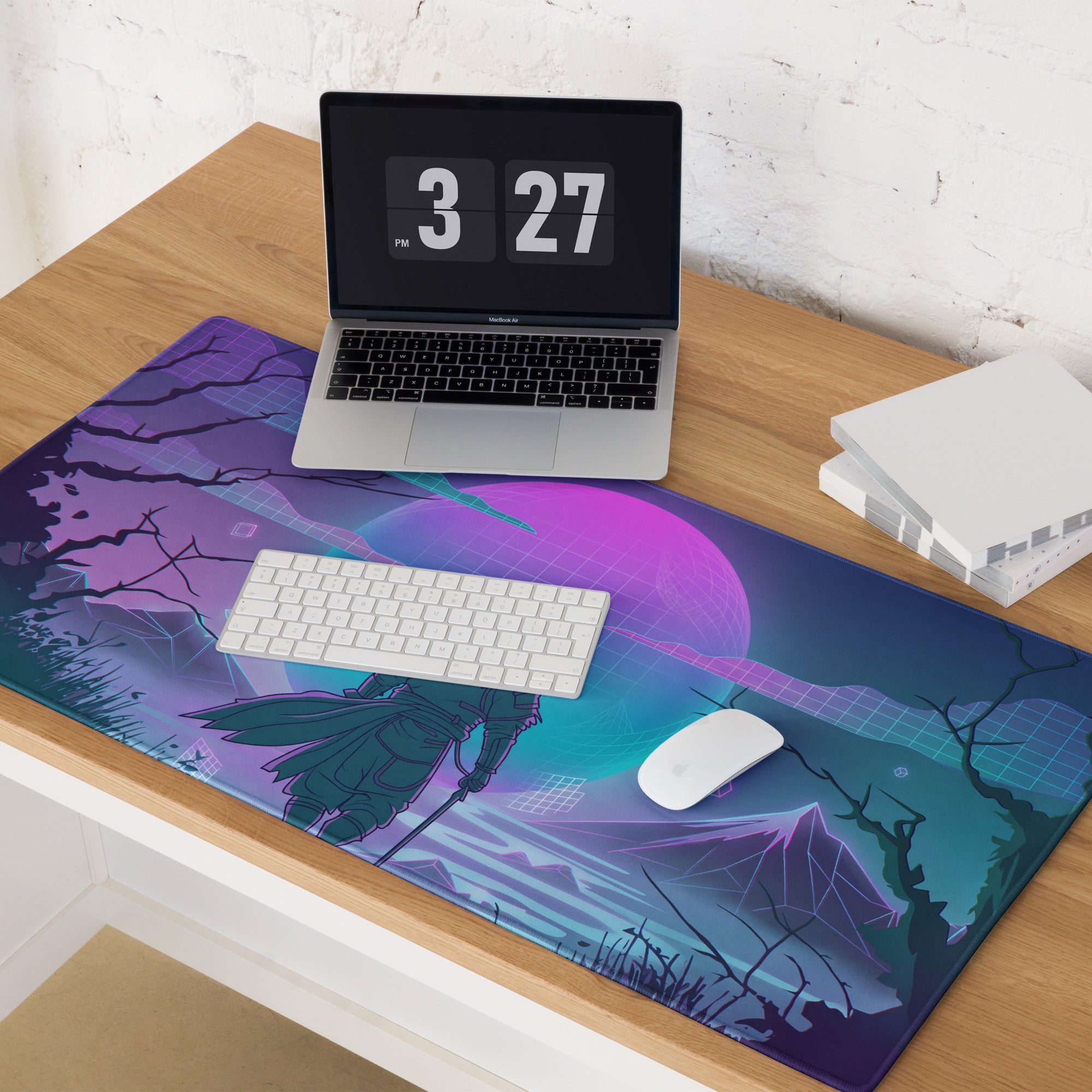 Neon vaporwave cityscape gaming mouse pad with vibrant purple and teal colors featuring a warrior silhouette design