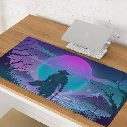 Nostalgic cyberpunk-themed gaming mouse pad with samurai design and neon purple blue vaporwave gradient sky