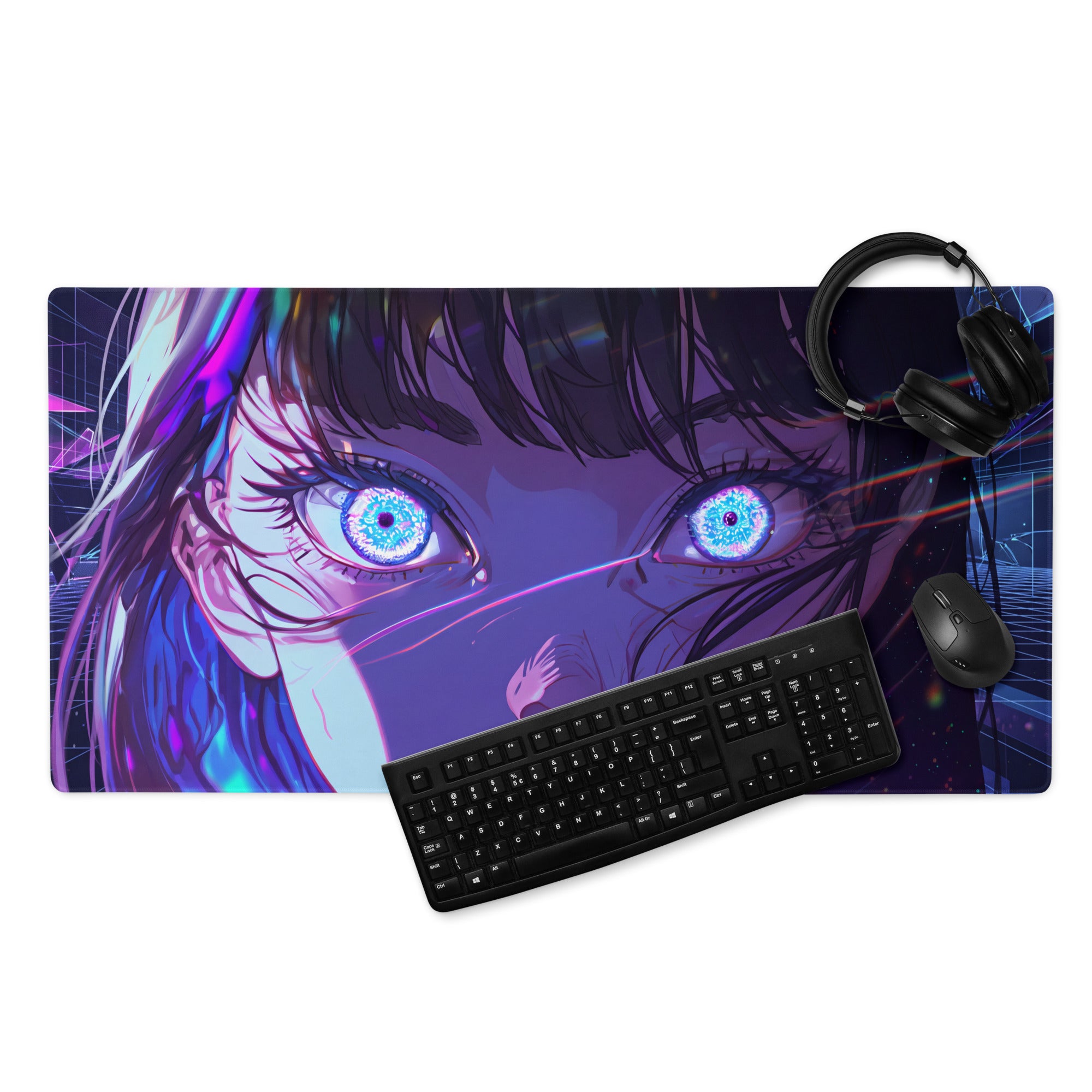 Vaporwave neon anime mouse pad featuring glowing blue eyes and purple hair on a neon cyberpunk gaming desk mat