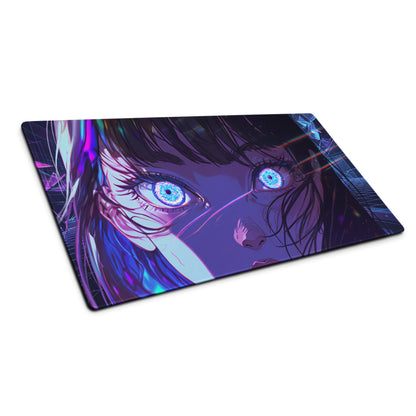 Navy blue and purple vaporwave neon anime mouse pad with glowing cyan eyes and iridescent hair accents on digital background