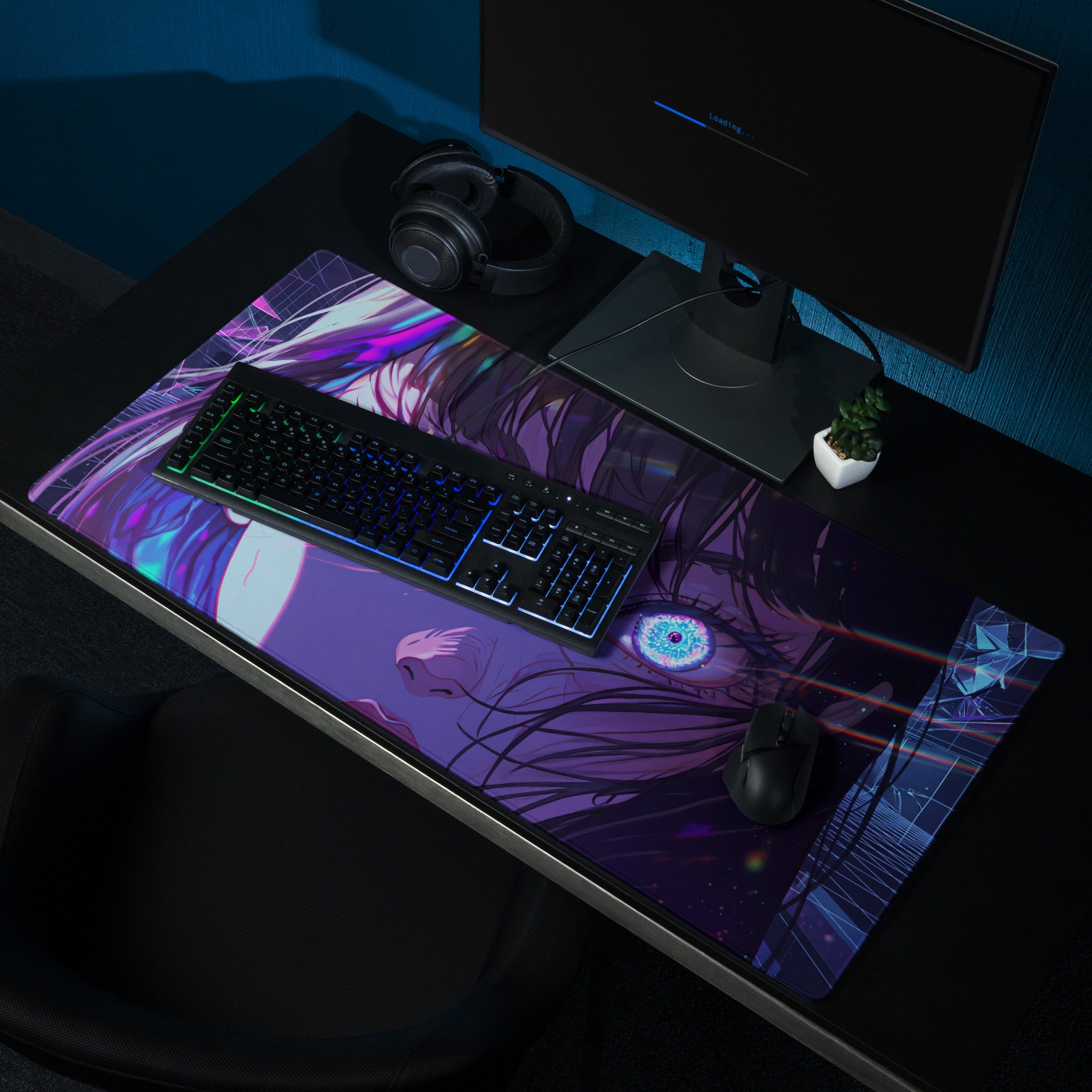 Vaporwave neon anime mouse pad featuring vibrant purple and blue colors with detailed glowing eye digital art design