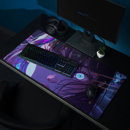 Vaporwave neon anime mouse pad featuring vibrant purple and blue colors with detailed glowing eye digital art design