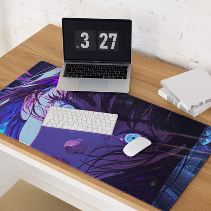 Vaporwave neon anime mouse pad with vibrant purple and blue design glowing eyes for gaming and desk setups