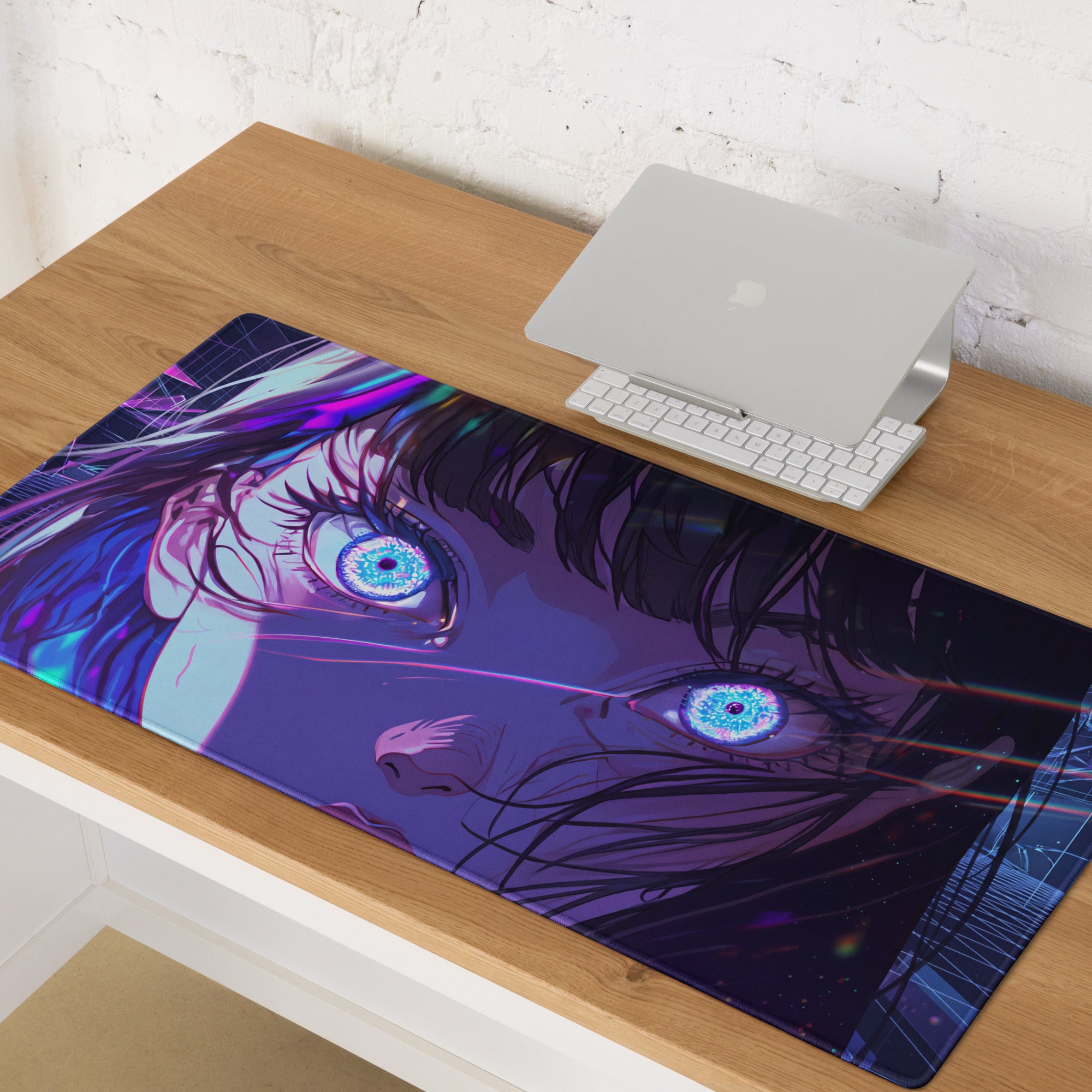 Vaporwave neon anime mouse pad with vibrant purple and blue colors featuring glowing cyan eyes and cyberpunk design