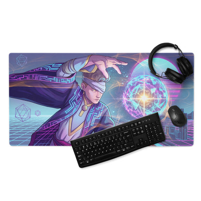 Vibrant purple and blue vaporwave neon mage gaming mouse pad with glowing geometric patterns and flowing robes design